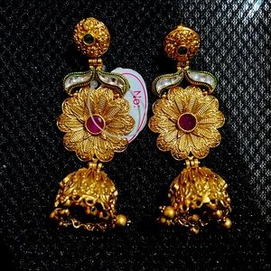 Gold jhumka red/green kundan Indian dangle earrings